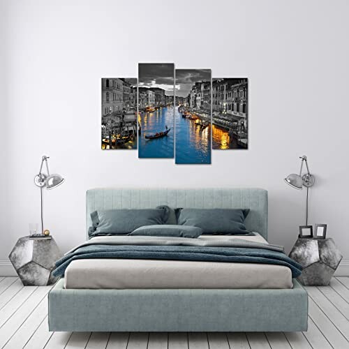 Bedroom with modern decor and canal-themed wall art