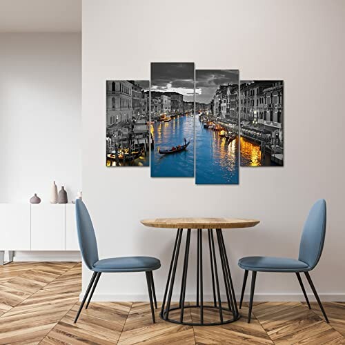 Four-panel wall art of a Venetian canal with gondolas and buildings, featuring a mix of color and monochrome.