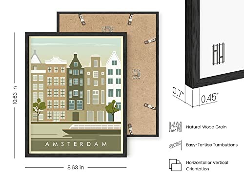 Framed artwork of Amsterdam cityscape with natural wood grain frame.