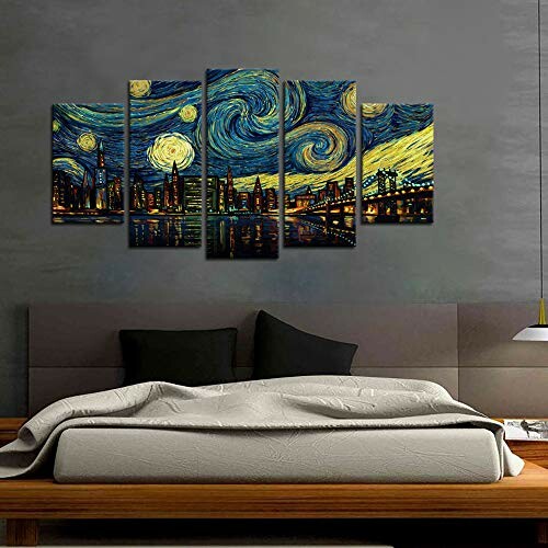 Bedroom with a multi-panel painting inspired by Van Gogh's Starry Night.