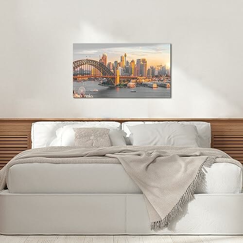 Bedroom with wall art of Sydney skyline and bridge