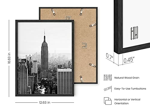 Black picture frame with a cityscape photo and detailed dimensions.