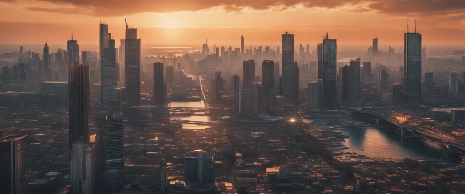 City skyline at sunset