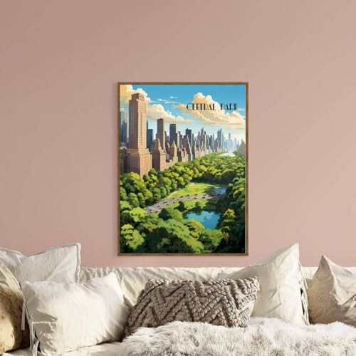 Framed cityscape art poster on a wall above a sofa