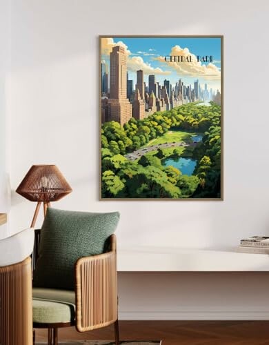 Framed cityscape poster on a wall above a chair