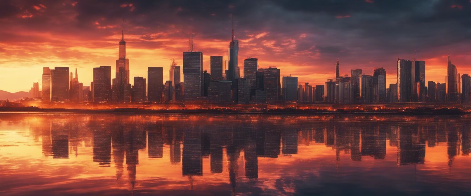 City skyline at sunset