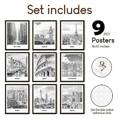 Set of 9 cityscape posters including New York, London, Paris, Venice, Rome, Amsterdam, Dubai, Sydney, Tokyo.