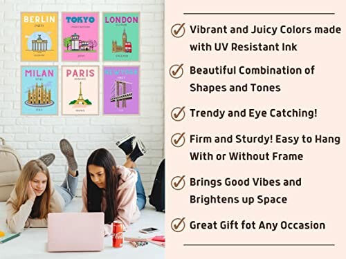 Two colorful art prints, one titled 'London Culture' and the other 'Tokyo Cherry Blossom', with a list of features beside them.
