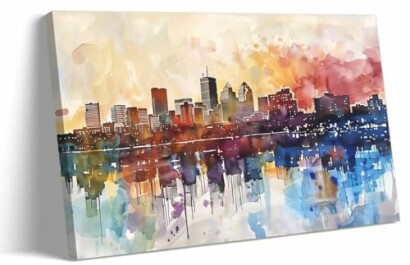Abstract watercolor painting of a city skyline with vibrant colors.