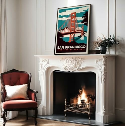 Interior with a fireplace and a San Francisco poster.