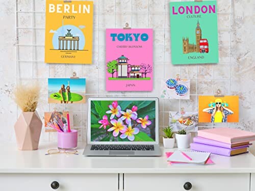 Desk with a laptop, flowers, and travel posters for Berlin, Tokyo, and London.