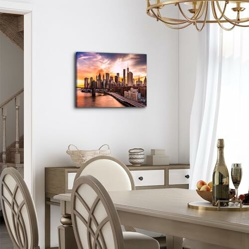 Dining room with cityscape wall art at sunset