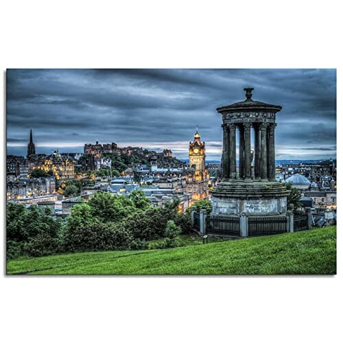 View of Edinburgh cityscape with historic buildings and cloudy sky