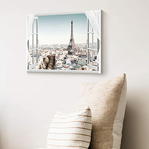 Wall art of Eiffel Tower view through open window