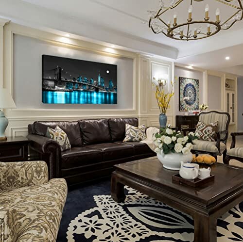 Elegant living room with dark leather sofa, floral armchair, and cityscape artwork.