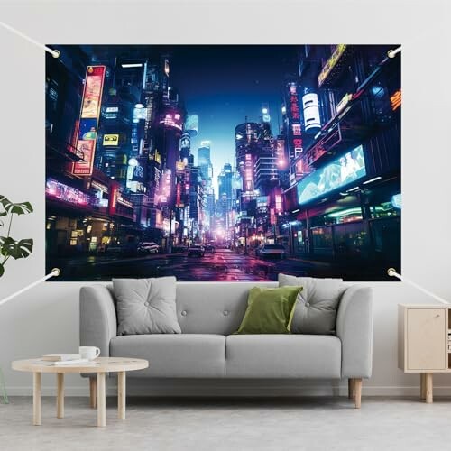 Futuristic cityscape wall art above a modern sofa