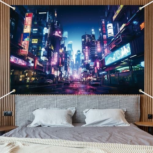 Futuristic cityscape wall art above a bed