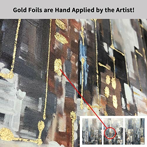 Close-up of abstract art with hand-applied gold foils.