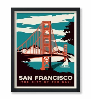 Illustrated poster of the Golden Gate Bridge in San Francisco.