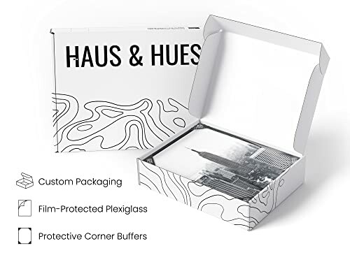 Haus & Hues packaging with open box displaying framed art and protective features.