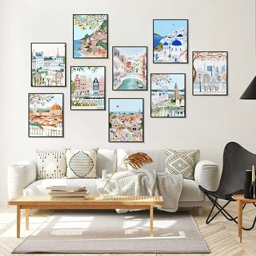 Living room with a gallery wall of colorful framed art above a white sofa and wooden coffee table. Add a touch of elegance to your living room with a stunning gallery wall.