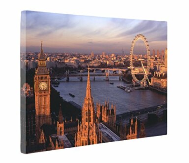 Aerial view of London skyline with Big Ben and London Eye at sunset.