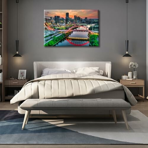 Modern bedroom with cityscape artwork above the bed.