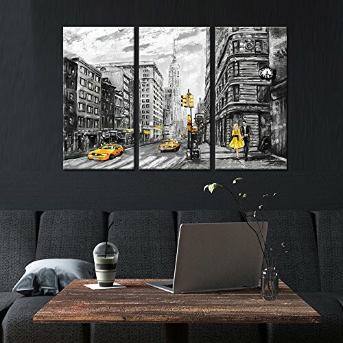 Modern cityscape wall art with yellow taxis and pedestrians.