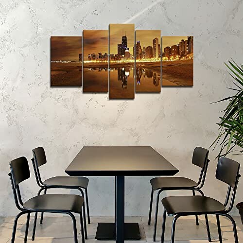 Modern dining area with a cityscape art piece on the wall.