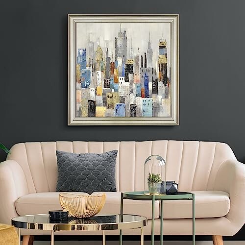 Modern living room with abstract cityscape painting and stylish furniture