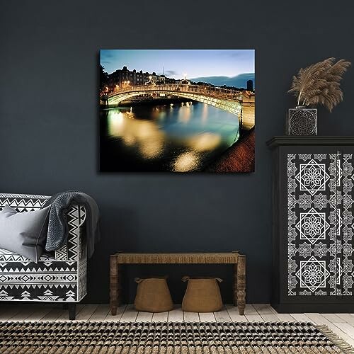 Modern living room with bridge artwork on the wall.