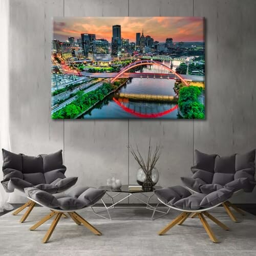 Modern bedroom with cityscape artwork above the bed.