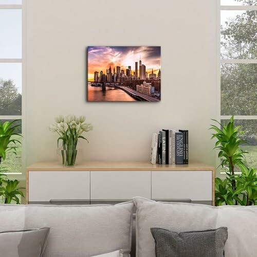 Living room with cityscape art on wall, modern decor