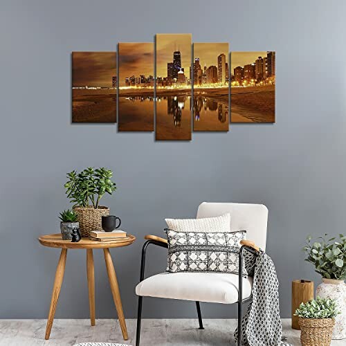 Stylish living room with wall art, plants, and comfortable chair.