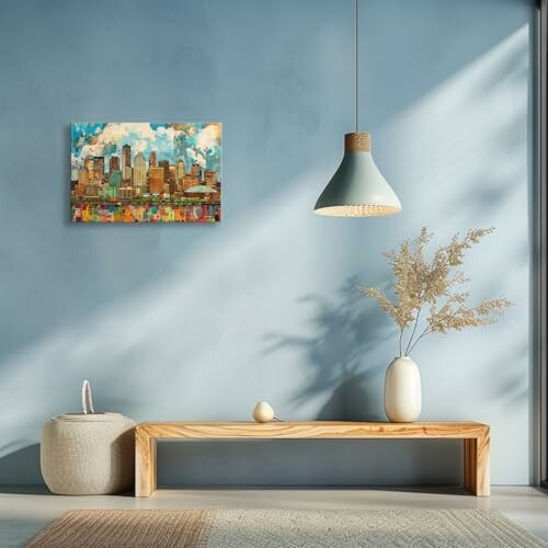 Modern living room with bench, wall art, and pendant lamp.