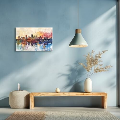 Modern living room with cityscape painting and minimalist decor.