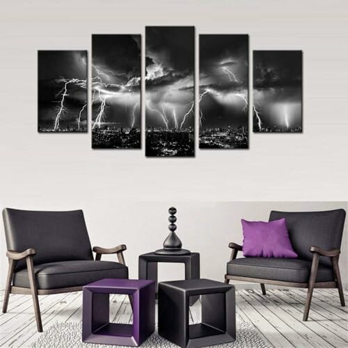 Contemporary living room with black and white lightning artwork on wall.