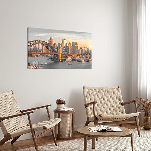 Living room with Sydney Harbour Bridge artwork on the wall.