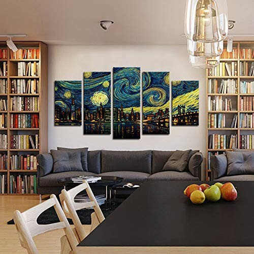 Living room with modular art piece inspired by Van Gogh's Starry Night on the wall.