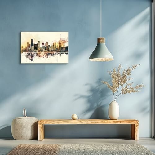 Minimalist living room with bench, vase, and cityscape painting.