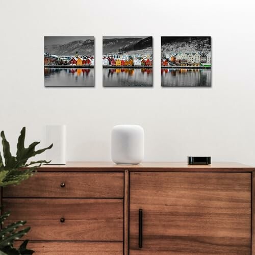 Minimalist wooden cabinet with a white speaker and three colorful wall art pieces above.