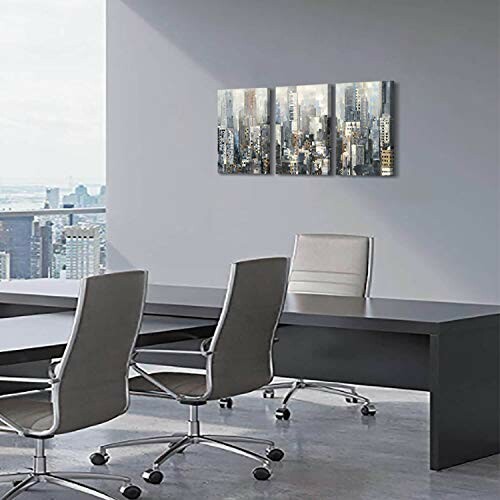 Modern office with cityscape wall art and large windows