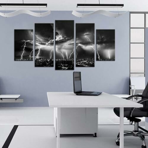 Office with modern decor and lightning art on wall.