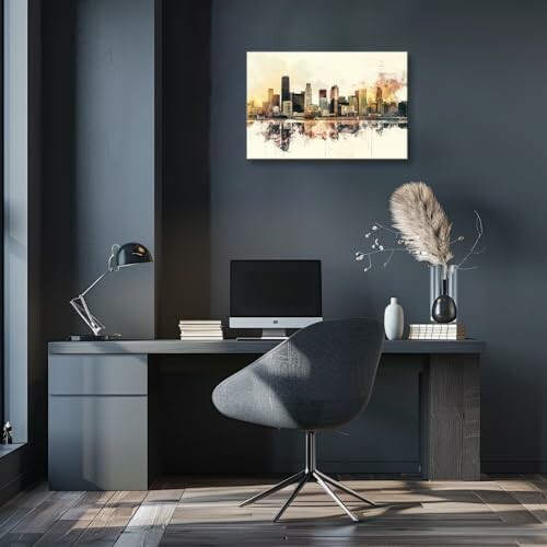 Stylish home office with black desk, swivel chair, and cityscape artwork.