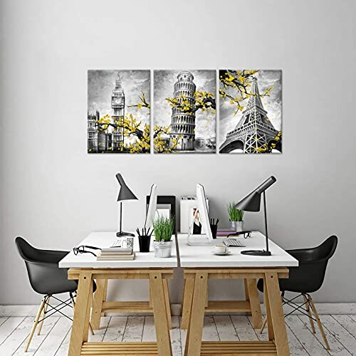 Office space with modern wall art featuring landmarks like Big Ben, Leaning Tower of Pisa, and Eiffel Tower with yellow accents.