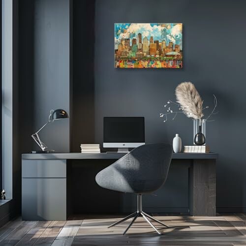 Modern office with desk, computer, and cityscape art on wall