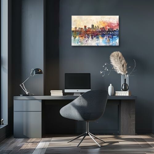 Modern office desk with computer, chair, and colorful cityscape artwork on wall.