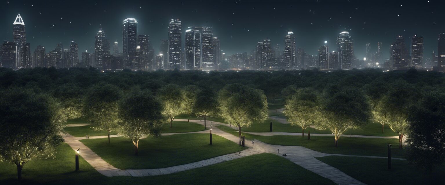 Nighttime urban park cityscape