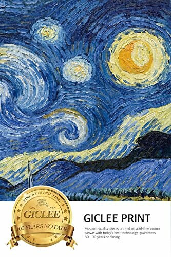 Giclee print of a starry night painting with swirling stars and moon