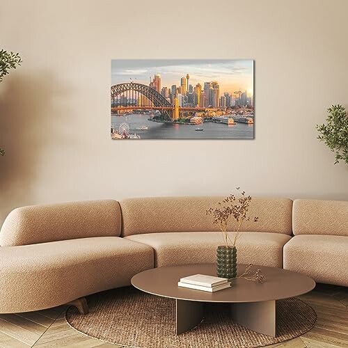 Artwork of Sydney Harbour Bridge and skyline in a modern living room